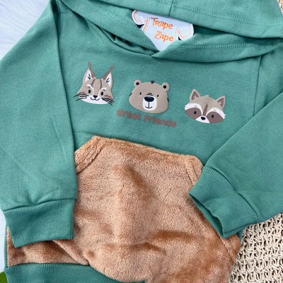 Conj. Casaco Great Friends com Pelinhos e Calça de Moletom - Verde e Marrom